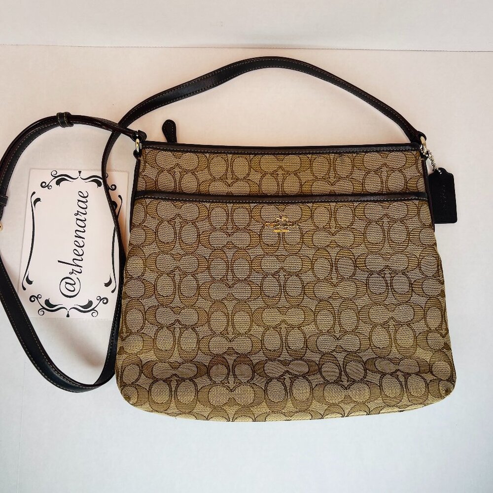 Authentic Coach Signature Canvas Zip File Crossbody Bag F58285 - Brown/ Khaki